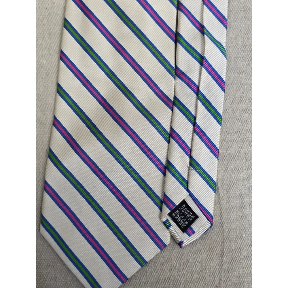 Rooster‎ Mens Silk Necktie White Blue Green Pink Striped Classic Tie